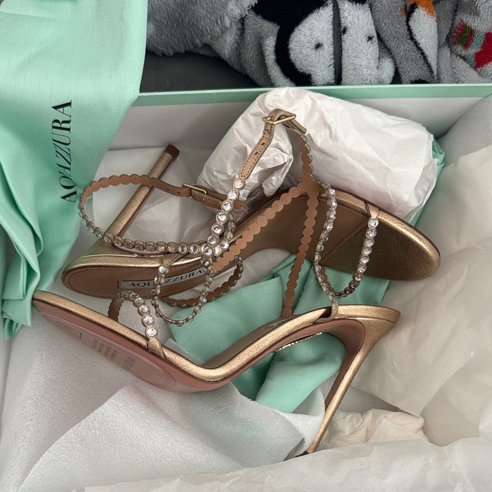 Aquazzura Metallic Gold Crystal Heel Mini Tequila Sandal 105